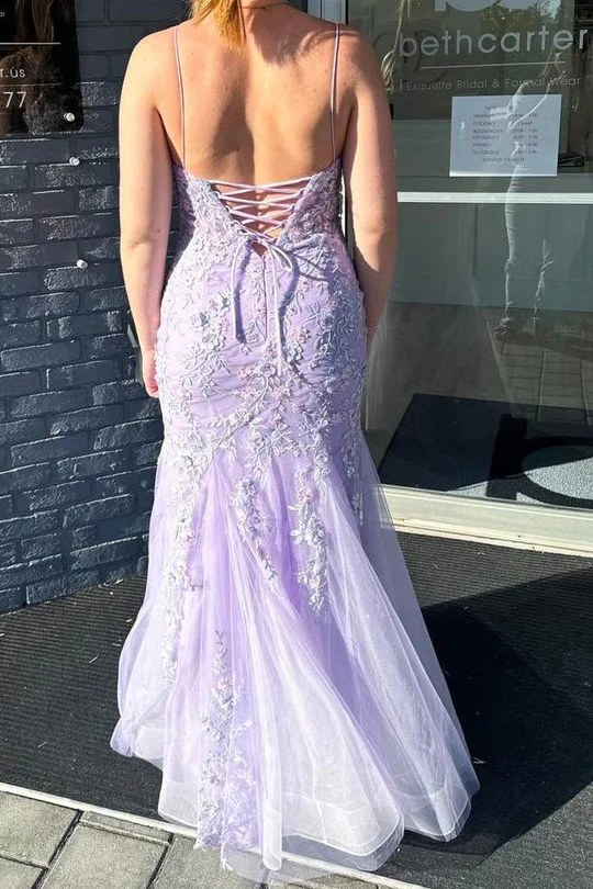 Lavender Tulle Lace Appliques Mermaid Prom Dress,Spaghetti Straps Evening Dress cc2492