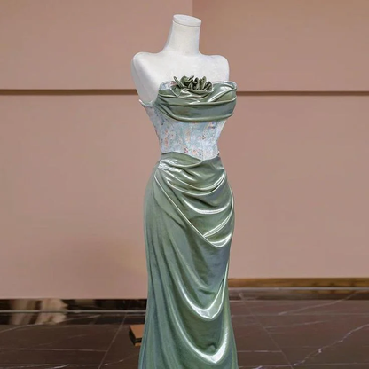 Elegant Light Green Satin Long Prom Dress Strapless Party Evening Dress cc2441