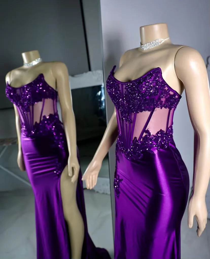 Luxury Purple Satin Lace Appliques Evening Dress,Mermaid Slit Party Prom Dress cc2616