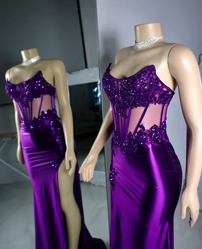 Luxury Purple Satin Lace Appliques Evening Dress,Mermaid Slit Party Prom Dress cc2616