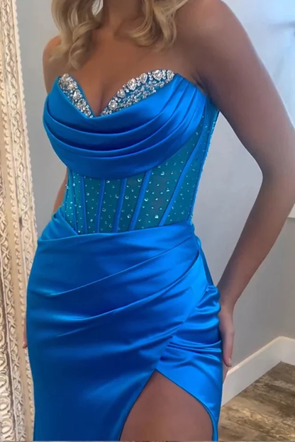 Gorgeous Mermaid Strapless Satin Beading Royal Blue Prom Dress Sexy Evening Dress cc1985