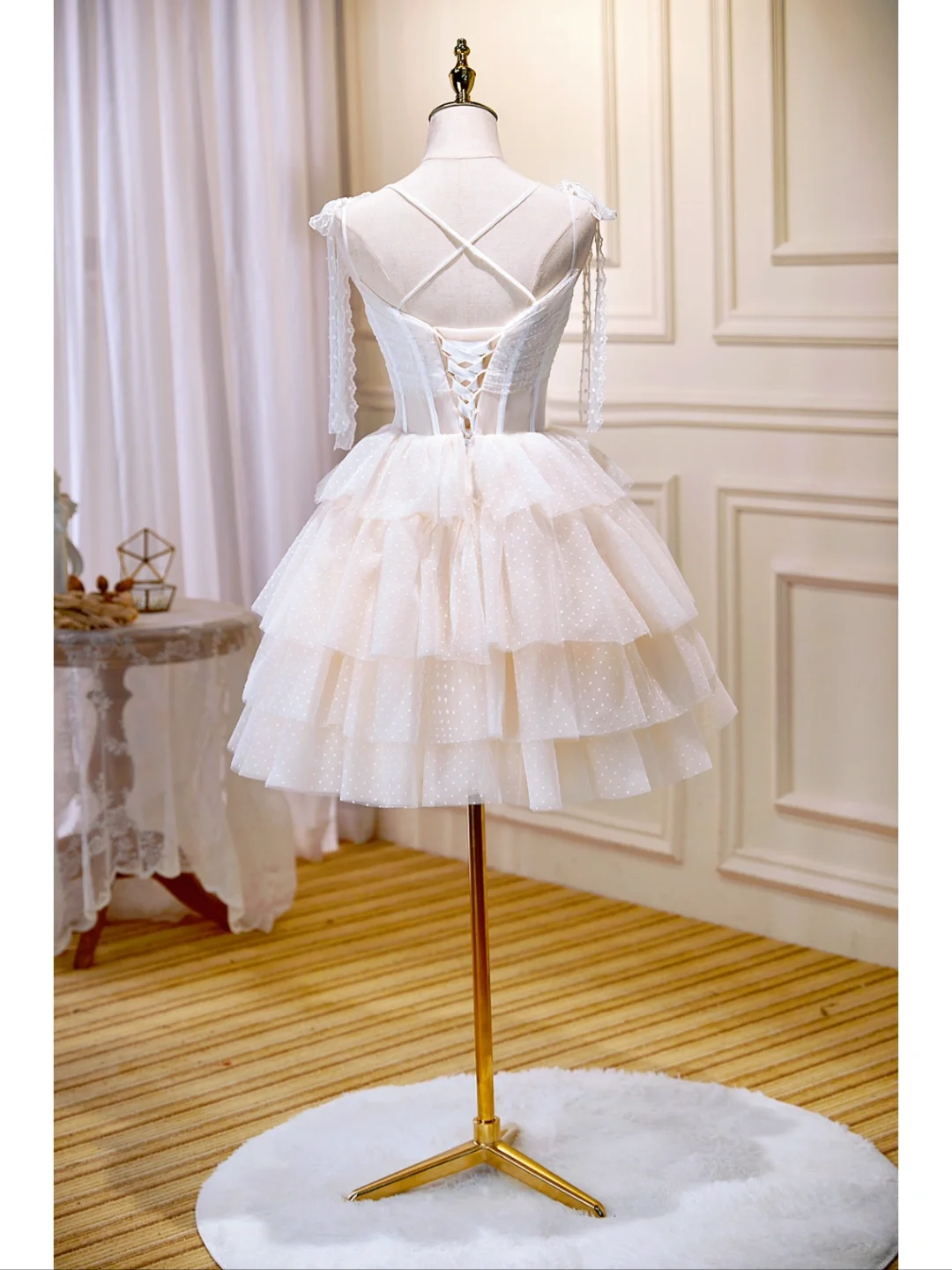 Classy Beige Spaghetti Straps Tulle Layered Short Birthday Outfits A Line Formal Homecoming Dress cc3422