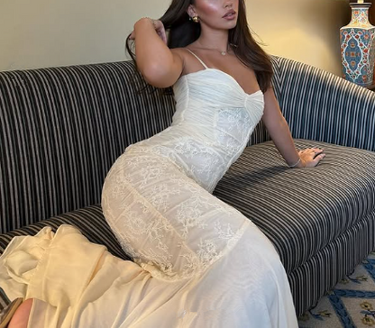 Elegant Spaghetti Straps Apricot Lace Chiffon Mermaid Evening Dress Prom Dress cc1848