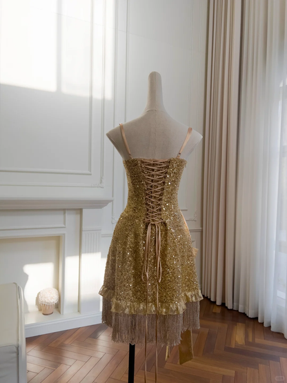 Sparkly Gold Sequin Sheath Cocktail Dress Short Graduation Homecoming Dress cc3169
