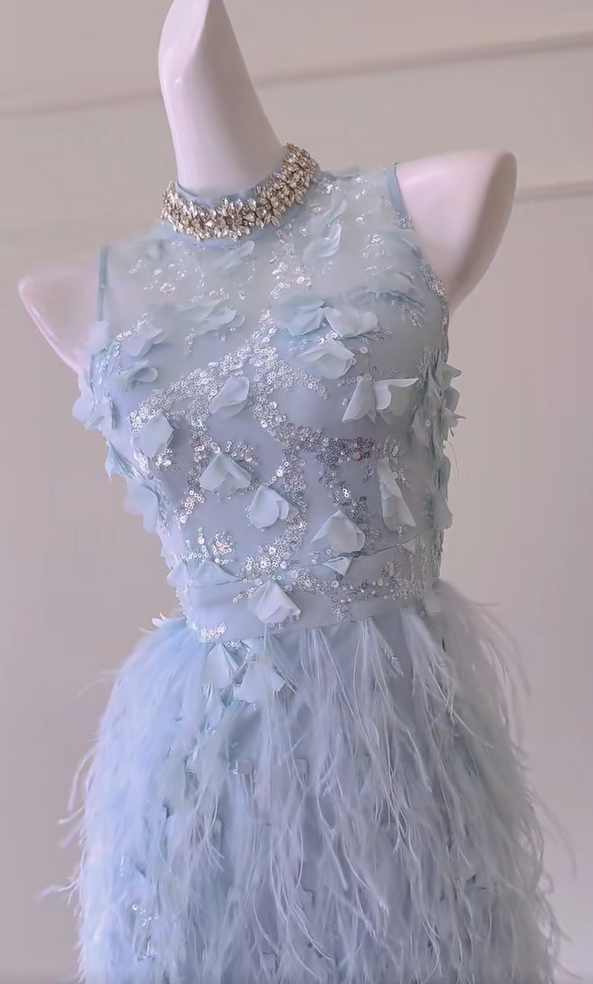 Cute Sky Blue Sleeveless Sequin Feathers Sheath Homecoming Dress Birthday Outfits cc3170
