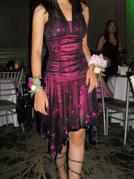 Vintage Purple Halter Sequins Tulle Cocktail Dress Homecoming Dress cc3043