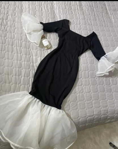 Elegant White And Black Stitching Dress, Midi-length Mermaid Prom Dress cc519