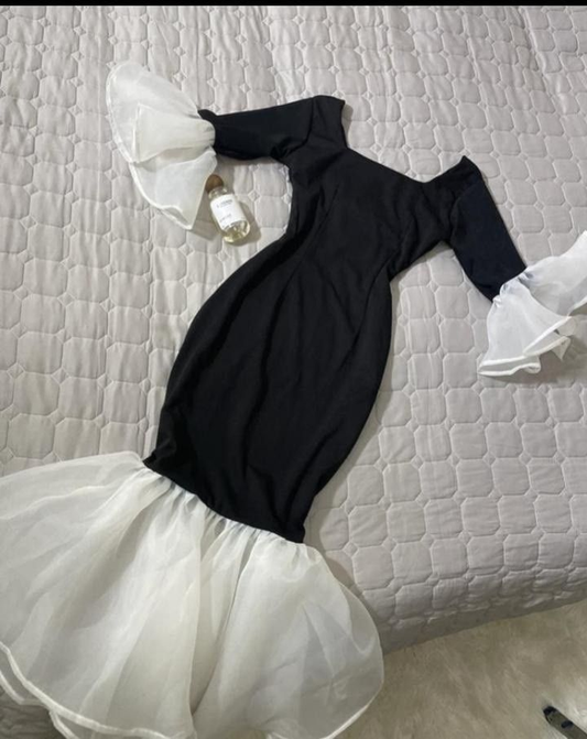Elegant White And Black Stitching Dress, Midi-length Mermaid Prom Dress cc519