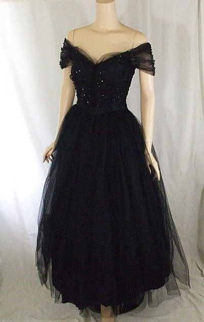 Vintage 1950s Black Tulle and Rhinestone Evening Dress cc568