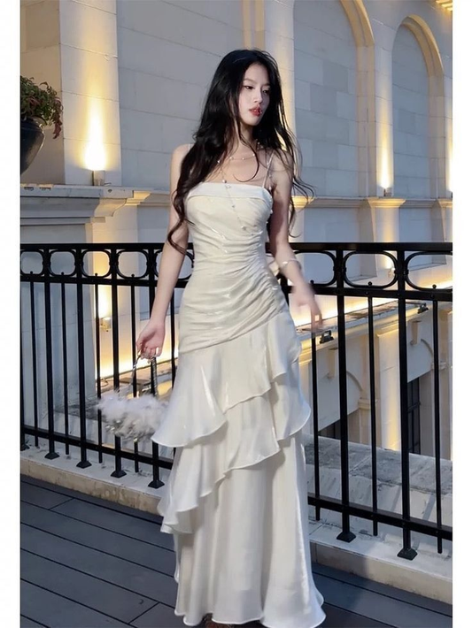 Classy Mermaid Spaghetti Straps Ivory Layered Party Prom Dress cc2394
