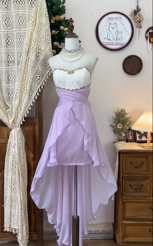 Chic Lilac Strapless Chiffon Beaded Homecoming Dress Short Prom Dress cc3085