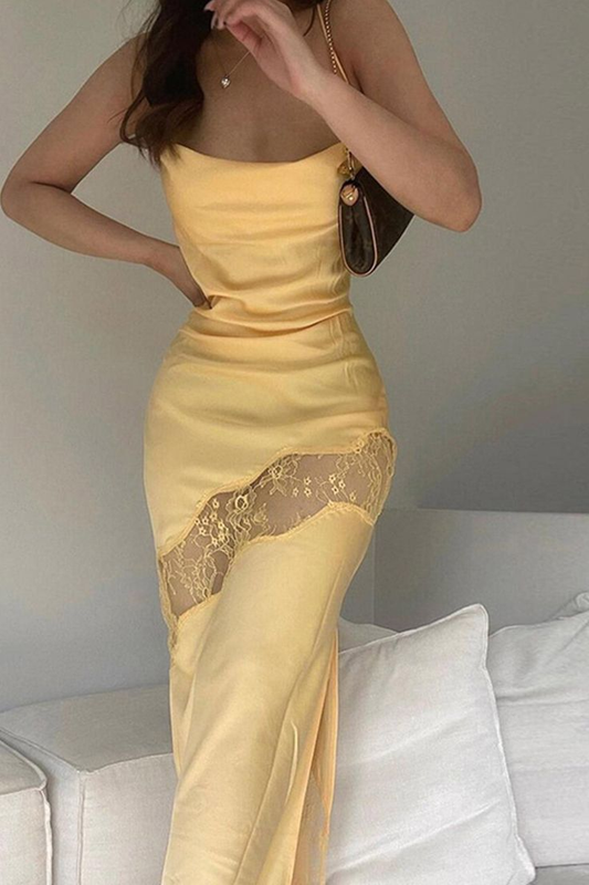 Classy Mermaid Straps Yellow Lace Hollow Out Long Prom Dress Birthday Dress cc1973