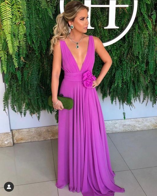 Sexy Deep V Neck Purple Prom Dress,Wedding Guest Outfit  cc700