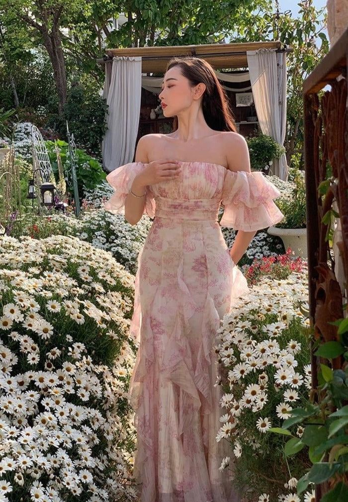 Pretty Chiffon Print Flowers Pink Prom Dress Long Party Evening Dress cc2363