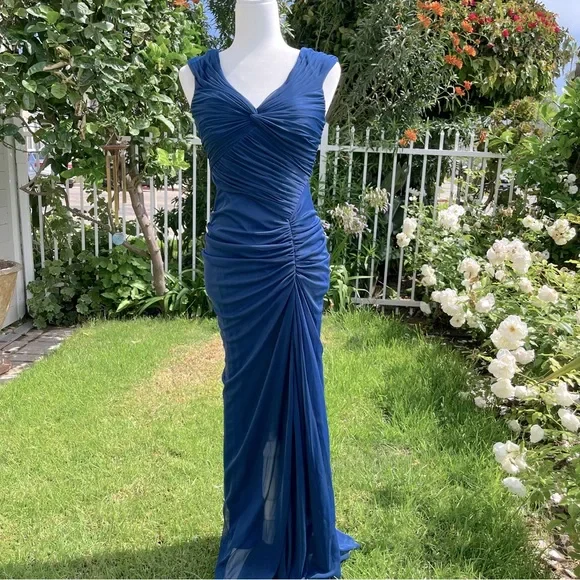 Vintage Mermaid Navy Blue Pleated Floor Length Party Dress Prom Dress cc3004
