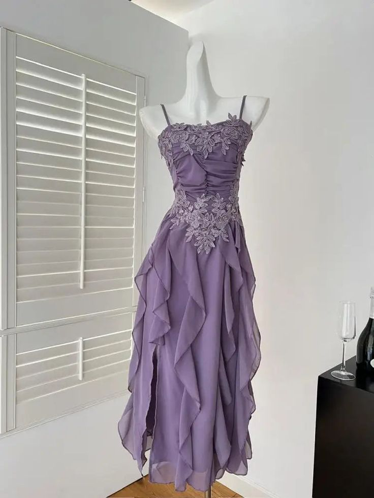 Vintage Purple Spaghetti Straps Chiffon Appliques Party Dress cc3038