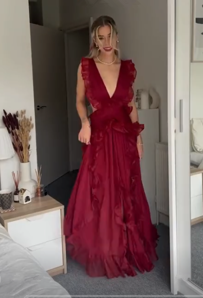 Sexy Burgundy Deep V Neck Chiffon Ruffles Slit Party Dress Long Prom Evening Dress cc1858
