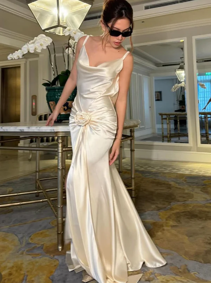 Classy White Satin Pleated Mermaid Wedding Dress,Backless Slit Party Evening Dress cc2696