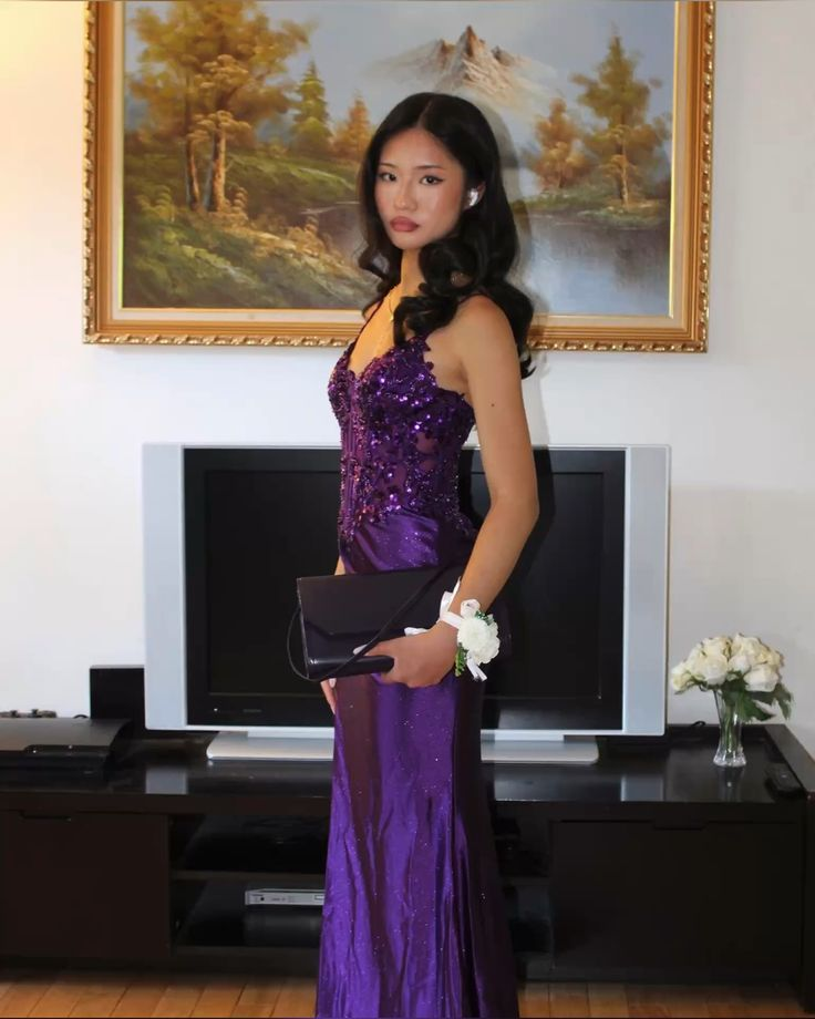 Purple Spaghetti Straps Mermaid Slit Evening Dress Prom Dress cc1987