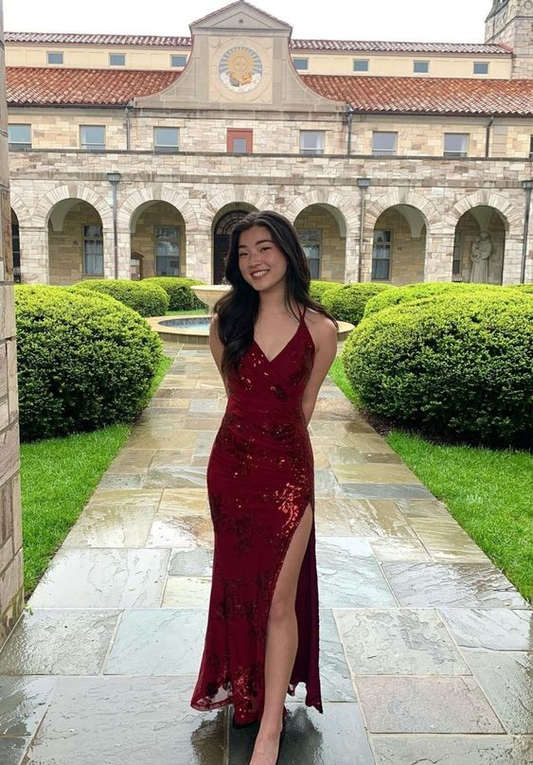 Classy Burgundy V Neck Prom Dress With Split   cc1126