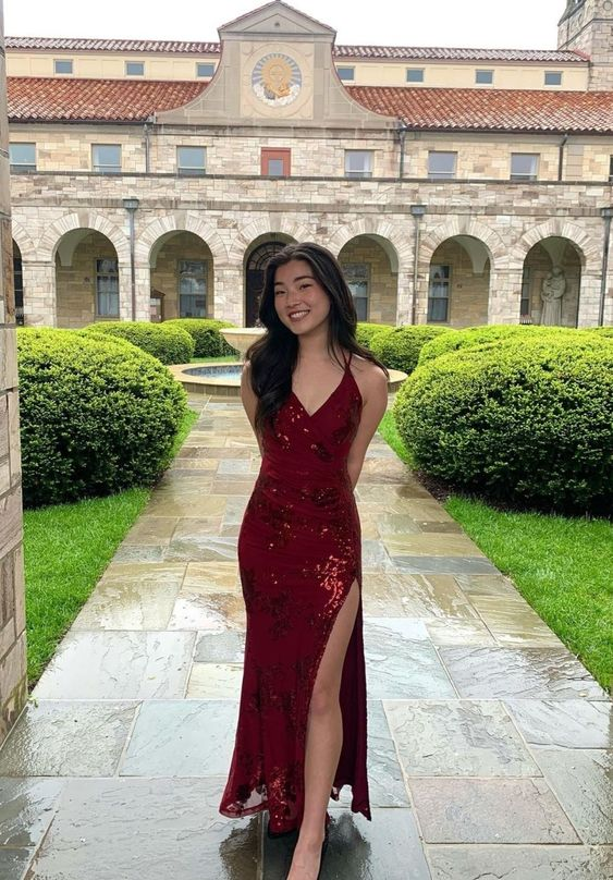 Classy Burgundy V Neck Prom Dress With Split   cc1126