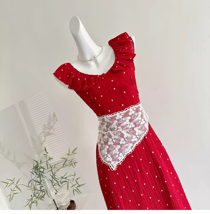 French Retro Temperament V-neck Small Flying Sleeve Red Dress Vacation Dress cc3066