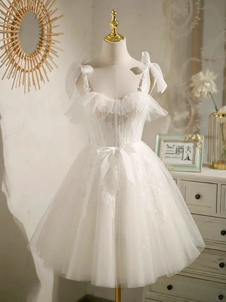 Cute White Tulle Lace A Line Short 18th Princess Birthday Outfits Formal Homecoming Dress cc3424