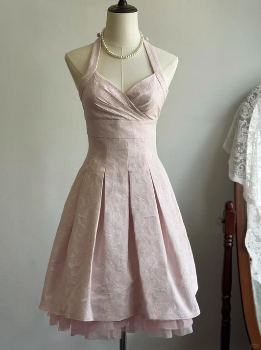 Pretty Pink Halter V Neck Satin Birthday Outfits Short Homecoming Dress cc3326
