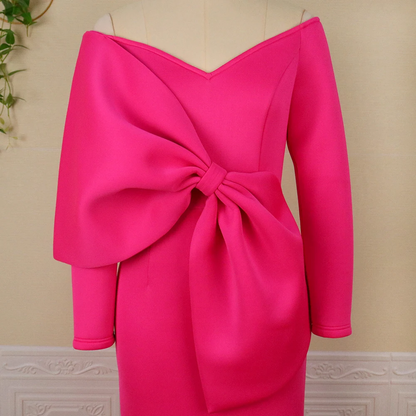 Women's Elegant V-Neck Off Shoulder Long Dress Big Knot Slim Evening Dresses Boutique Occasion Dresses cc640