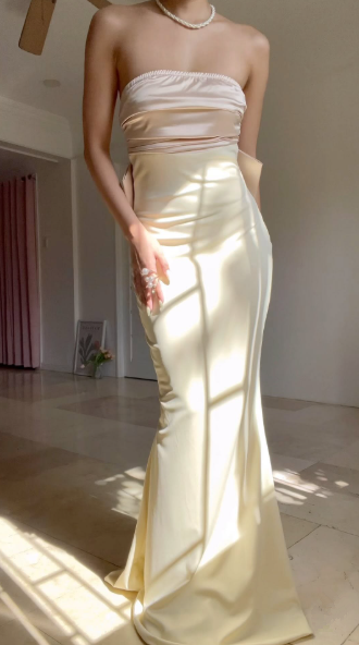 Classy Strapless Satin Mermaid Evening Dress With Bow,Long Party Prom Dress cc2934
