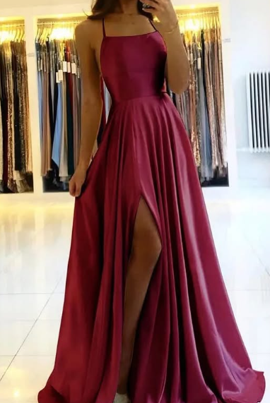 A Line Spaghetti Straps Burgundy Long Prom Dress with Split Front  cc510