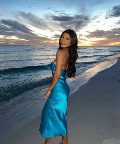 Simple Blue Strapless Satin Long Prom Dress,Sheath Party Evening Dress cc2651