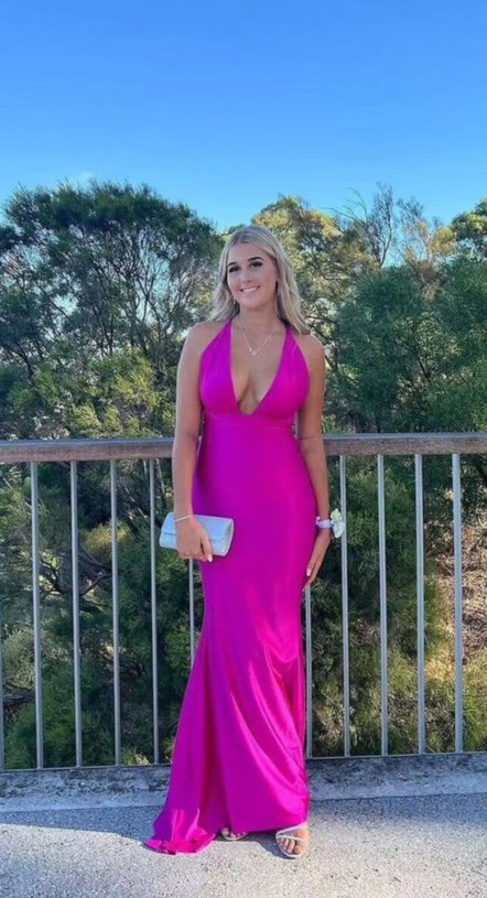 Sexy V Neck Mermaid Backless Party Prom Dress,Hot Pink Long Evening Dress cc2268