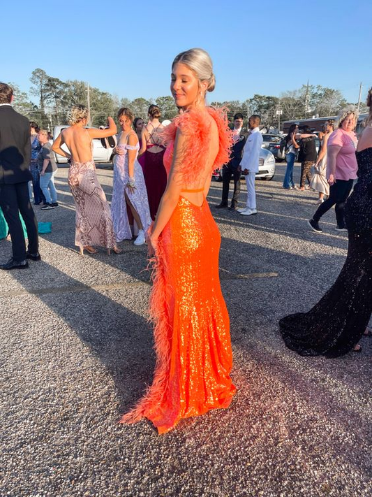 Sexy Orange Sequins Mermaid Prom Dress,Backless Prom Gown cc1013