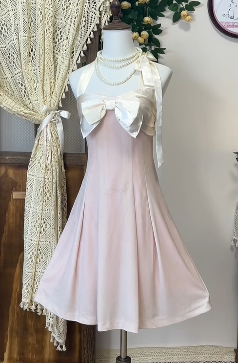 Cute Pink Halter Bow A Line Homecoming Dress Short Birthday Outfits cc3114