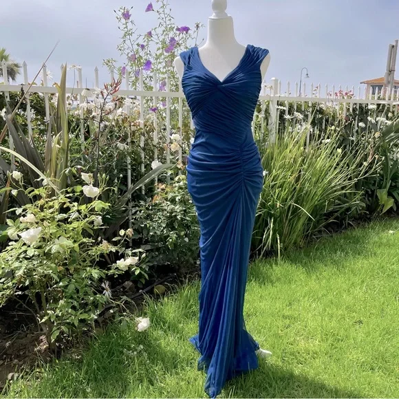 Vintage Mermaid Navy Blue Pleated Floor Length Party Dress Prom Dress cc3004