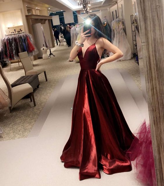 Sexy Spaghetti Straps Dark Red A-line Long Prom Dress cc1284
