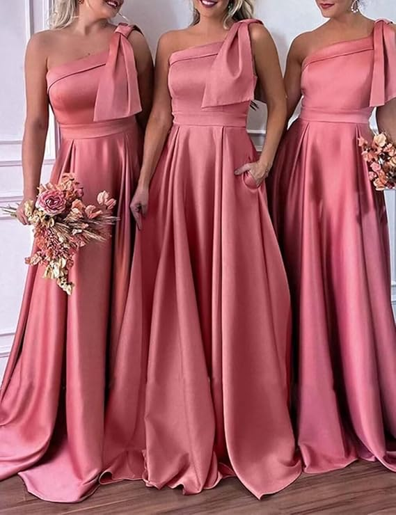 Women's One Shoulder Pink Satin Long Evening Dress  cc605
