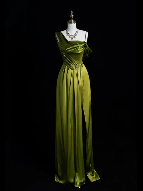 Classy Green Soft Satin One Shoulder Prom Dress, A-Line Long Slit Party Evening Dress cc2671