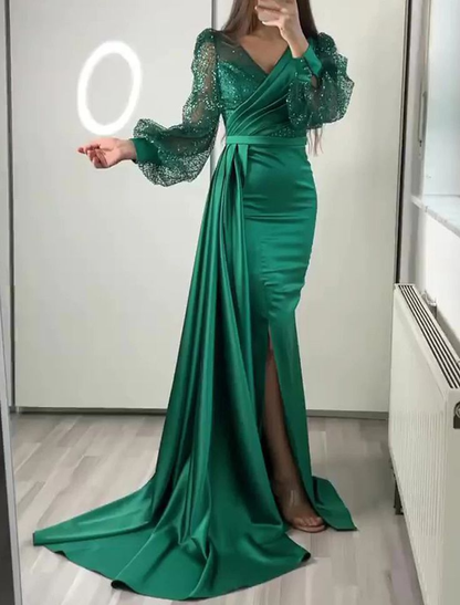 Dark Green Mermaid V Neck Satin Evening Dress Long Sleeves  cc1148