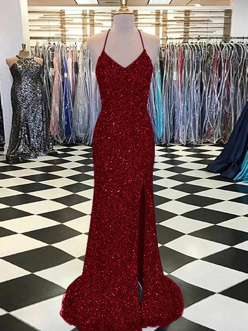 Spaghetti Straps Pink Sequins Mermaid Prom Dress C921
