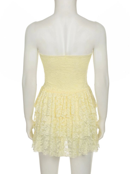 Sweet Yellow Lace Layered A Line Birthday Outfits Strapless Short Homecoming Dress cc3275