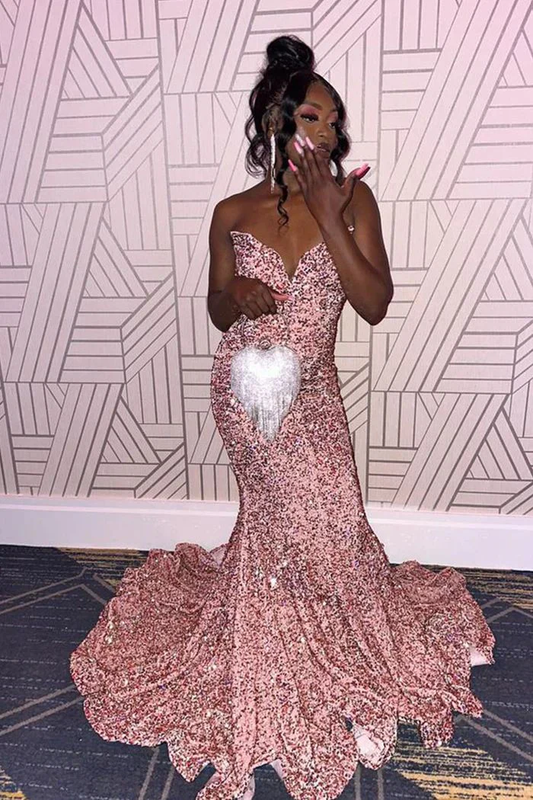 Pink Sequin Mermaid Evening Dress Strapless Long Prom Dress  cc2024