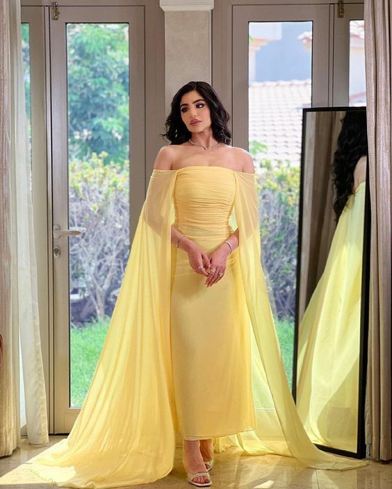 Yellow Off The Shoulder Sheath Prom Dress cc966