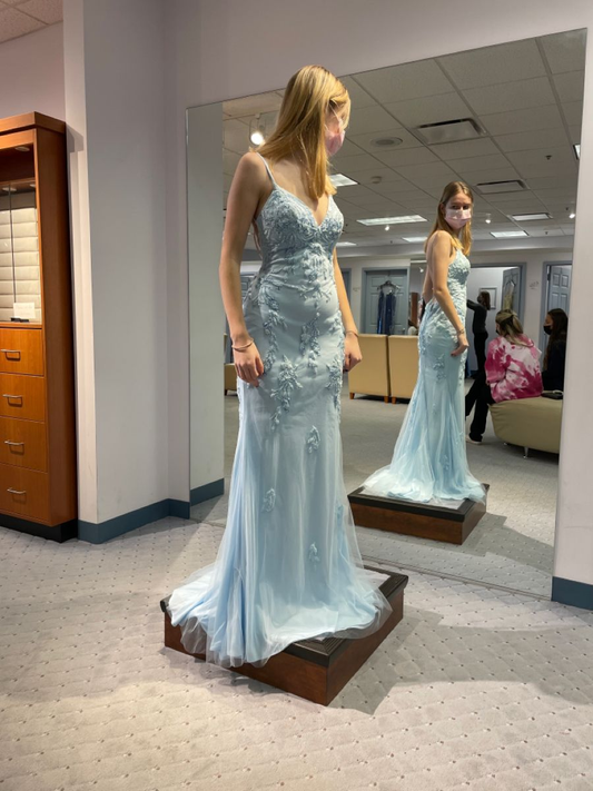 Sexy Mermaid Light Blue Lace Prom Dresses,Light Blue Evening Gown cc533