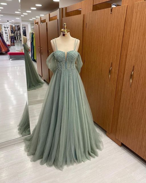Elegant Evening Dress with Spaghetti Straps, Glitter A-line Tulle Prom Dress cc582