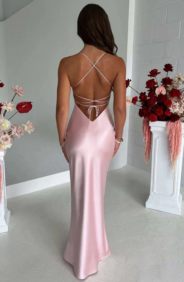 Simple Straps Pink Sheath Long Party Evening Dress cc2583
