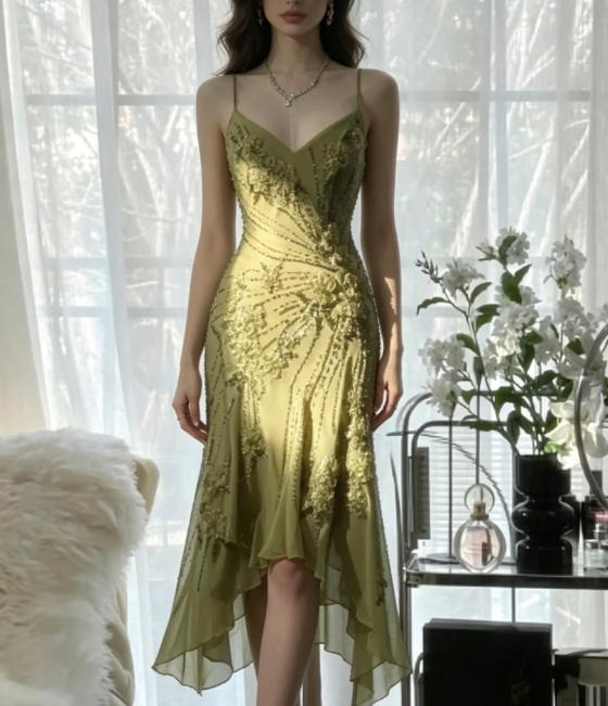 Vintage Green Chiffon Beaded Birthday Dress Homecoming Dress cc3037