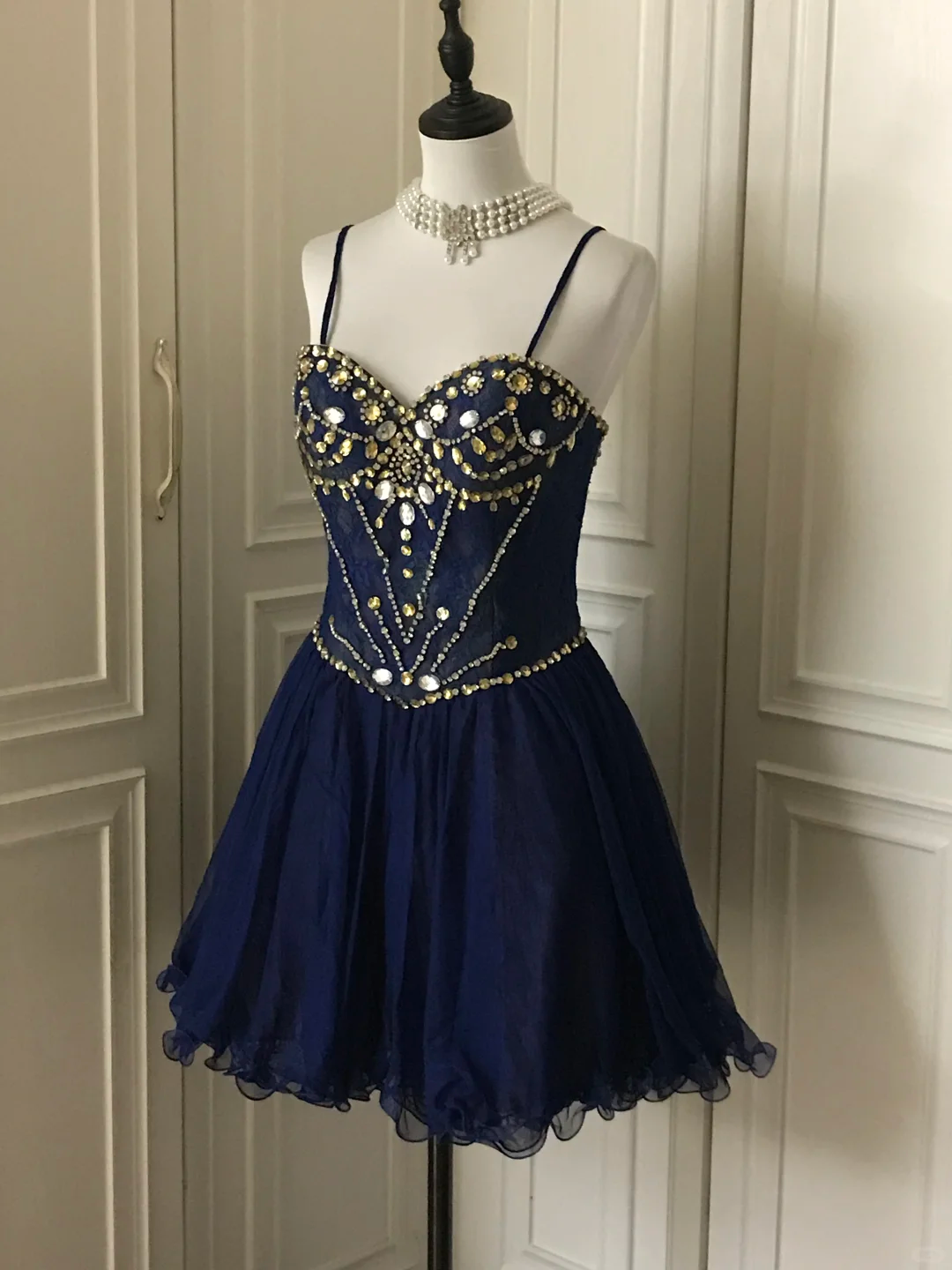 Vintage Navy Blue Lace Beaded A Line Homecoming Dress Short Party Dress cc3180