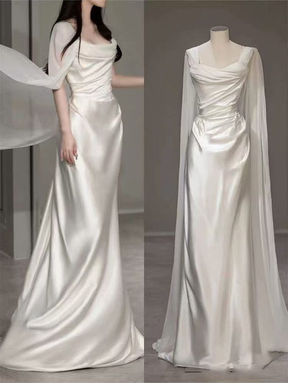 White Satin Pleated Straps Wedding Dress,Elegant Prom Evening Dress  cc2662